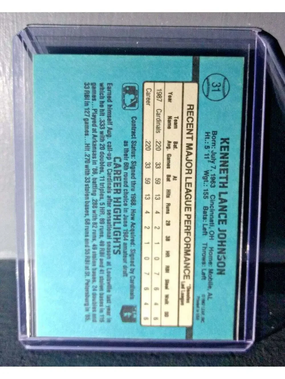 1988 Lance Johnson Donruss Rated Rookie #31 Baseball Card